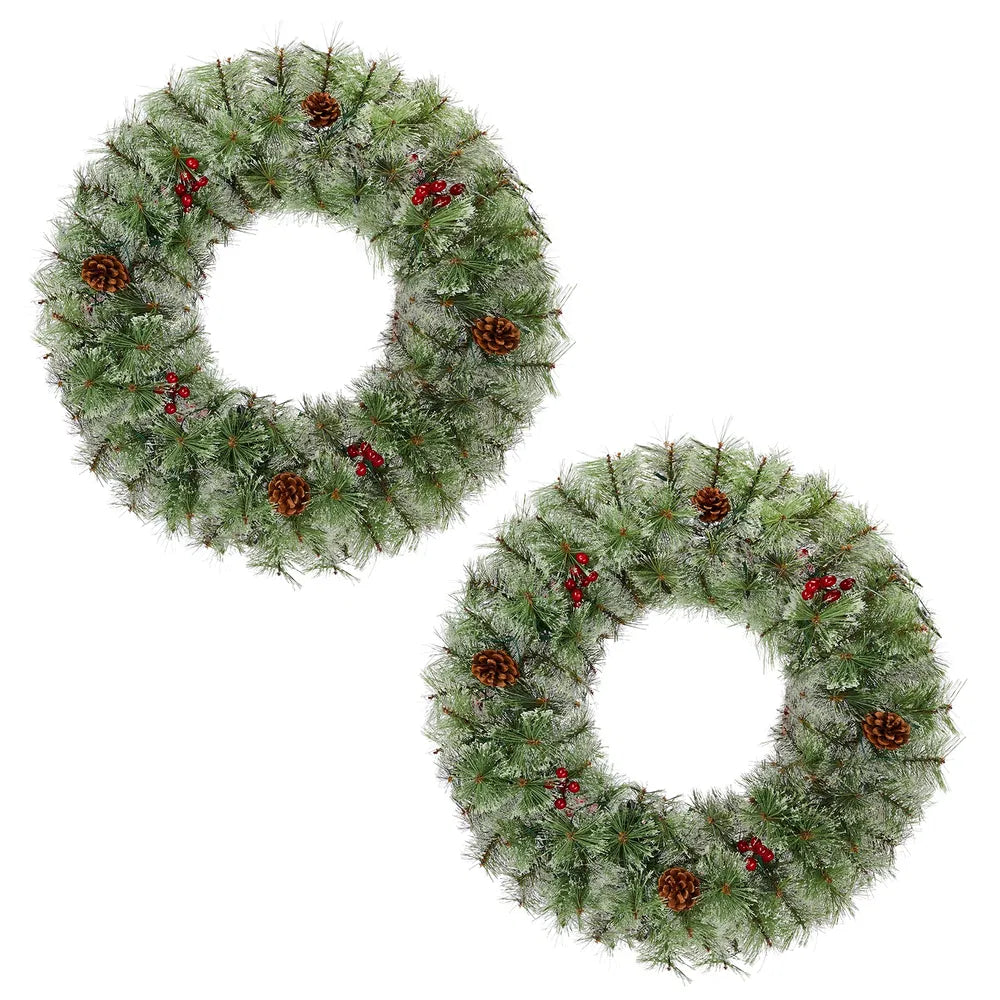 Twee verlichte kerstkransen met besjes