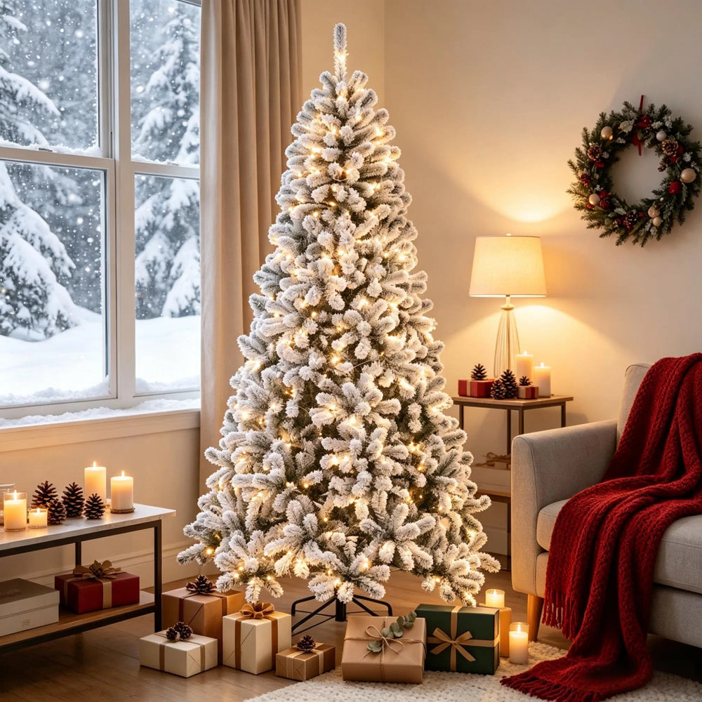 Besneeuwde Northern pine kerstboom met lichtjes