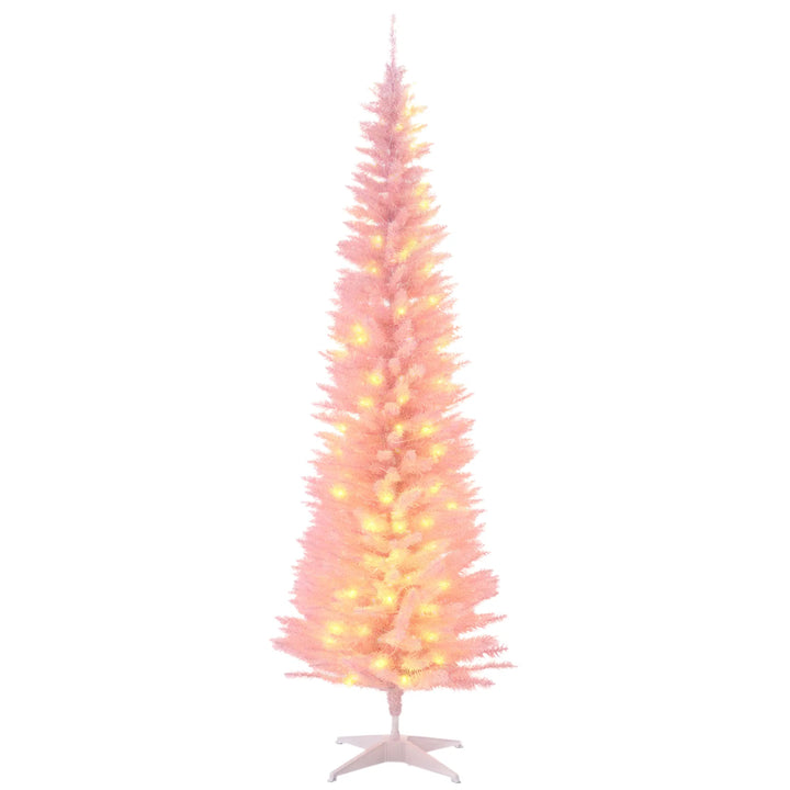 Roze smalle kerstboom vol warmwitte lampjes