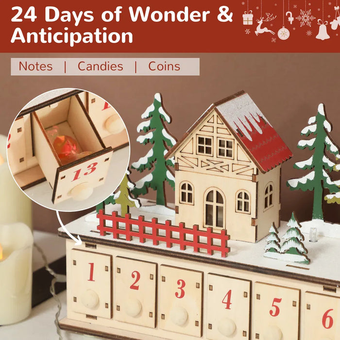 Warmtewereld Lange houten adventskalender kerstdorp met 15 lampjes