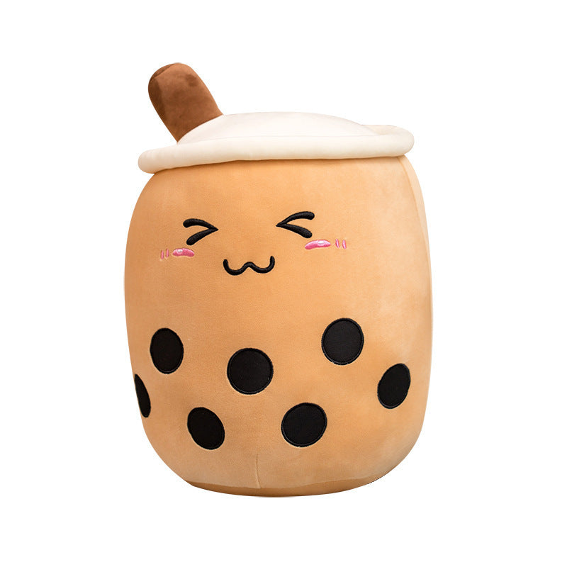 Bruine bubble tea knuffel met geborduurd gezicht