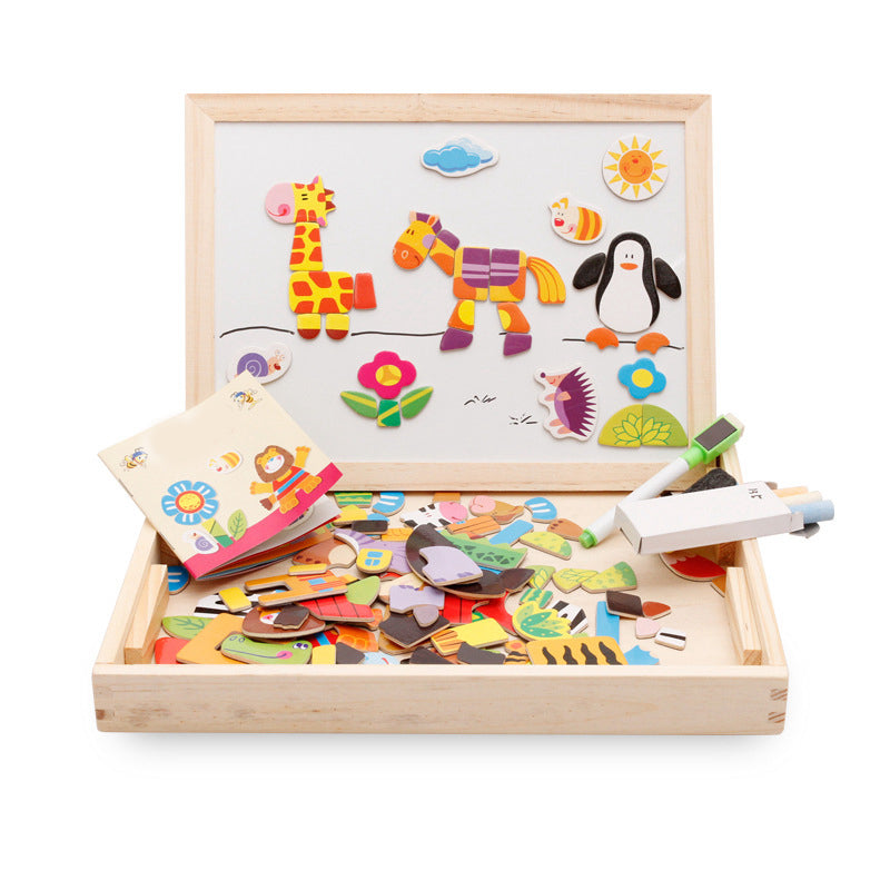 Houten magneetbord met magnetische dierenpuzzelstukjes