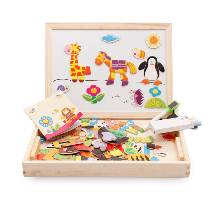 Houten magneetbord met magnetische dierenpuzzelstukjes
