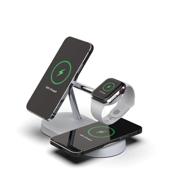 Zwart magnetisch oplaadstation met telefoon en horloge