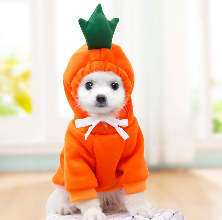 Kleine hond in fleece hoodie met appelprint