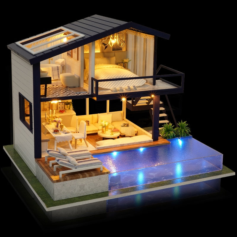Verlicht miniatuur poppenhuis met zwembad