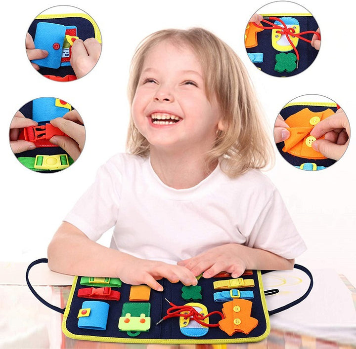 Vilten busy board met gespen en ritsen