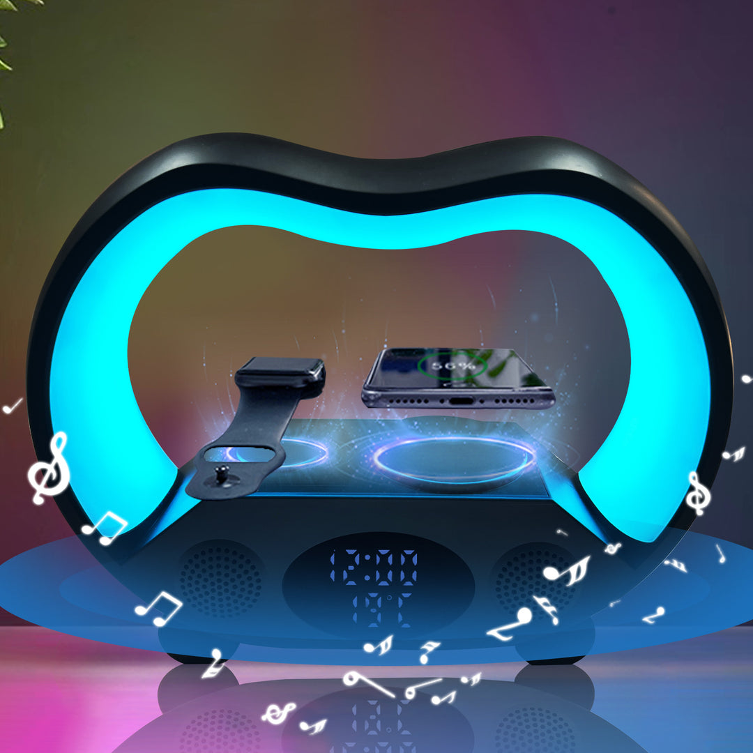 Zwarte 6-in-1 sfeerlamp met telefoon op oplader