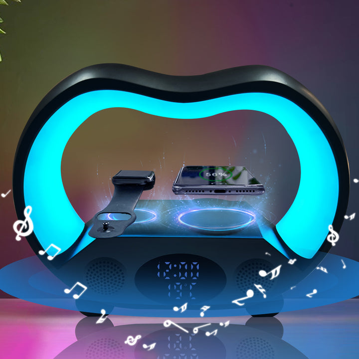 Zwarte 6-in-1 sfeerlamp met telefoon op oplader