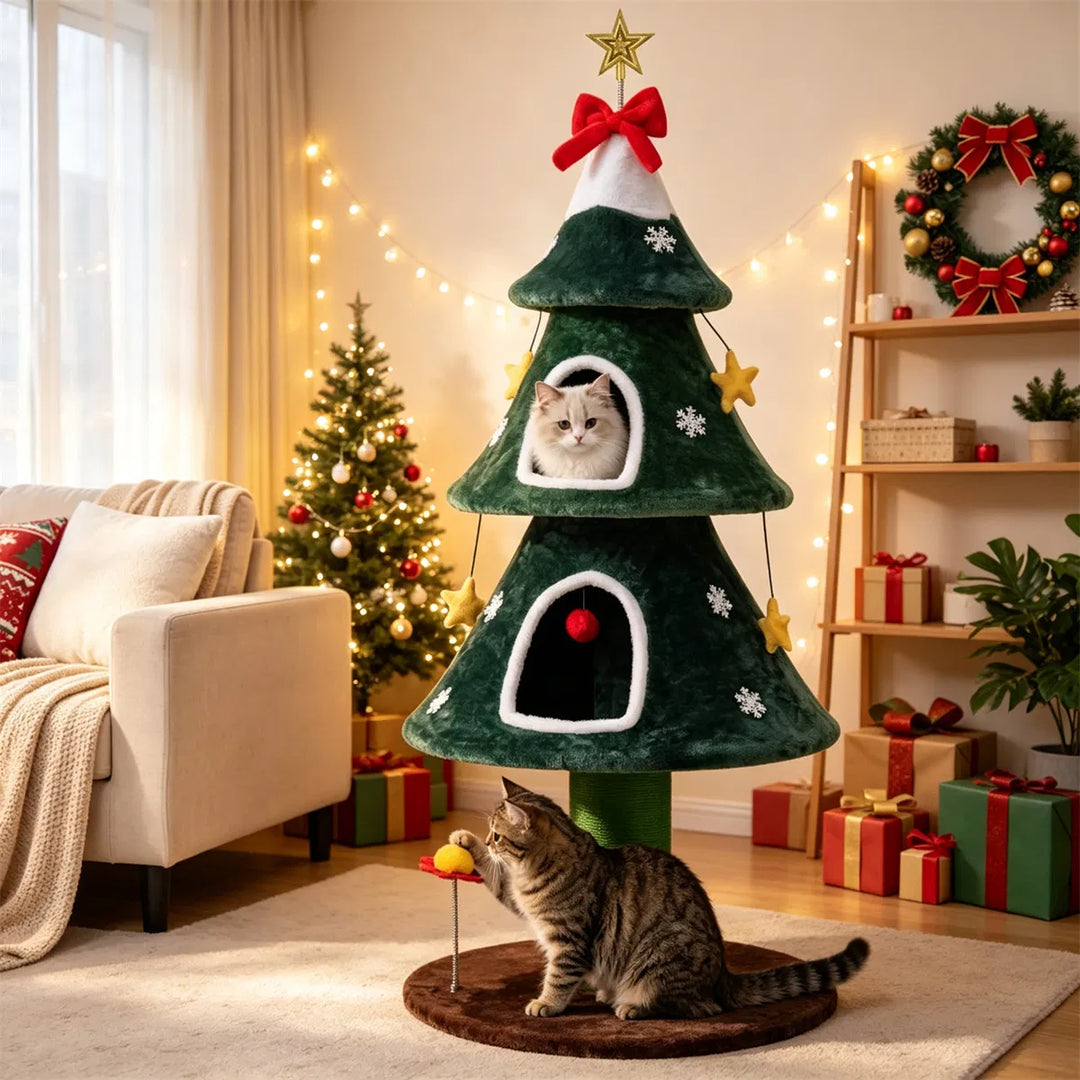 Kerst-kattenboom met sisal en pluche holen