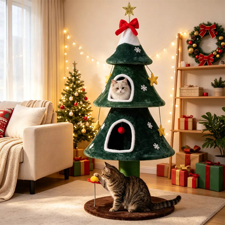 Kerst-kattenboom met sisal en pluche holen