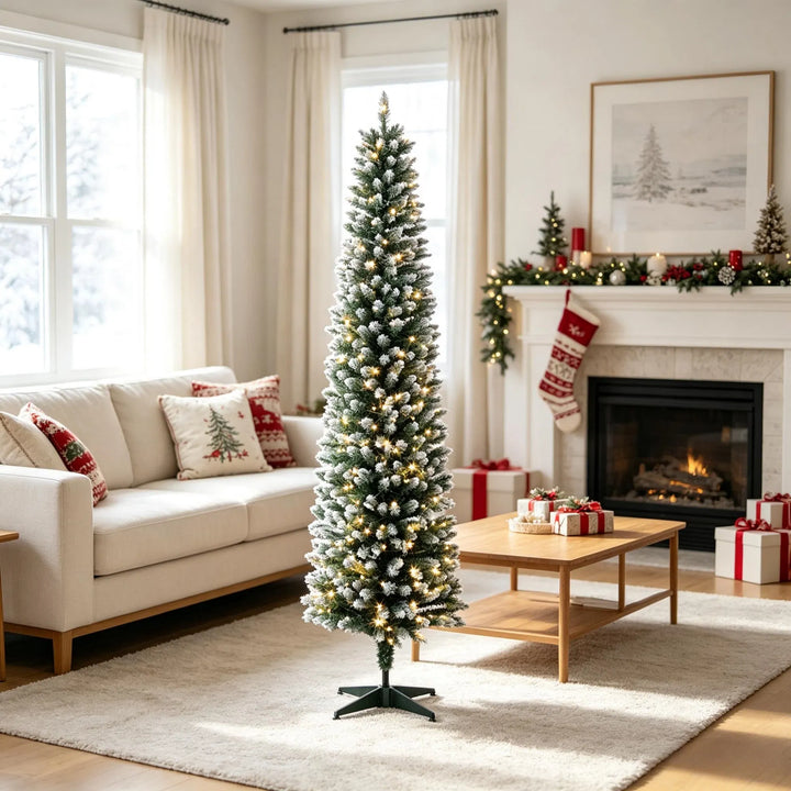 Smalle kerstboom met witte puntjes en lichtjes