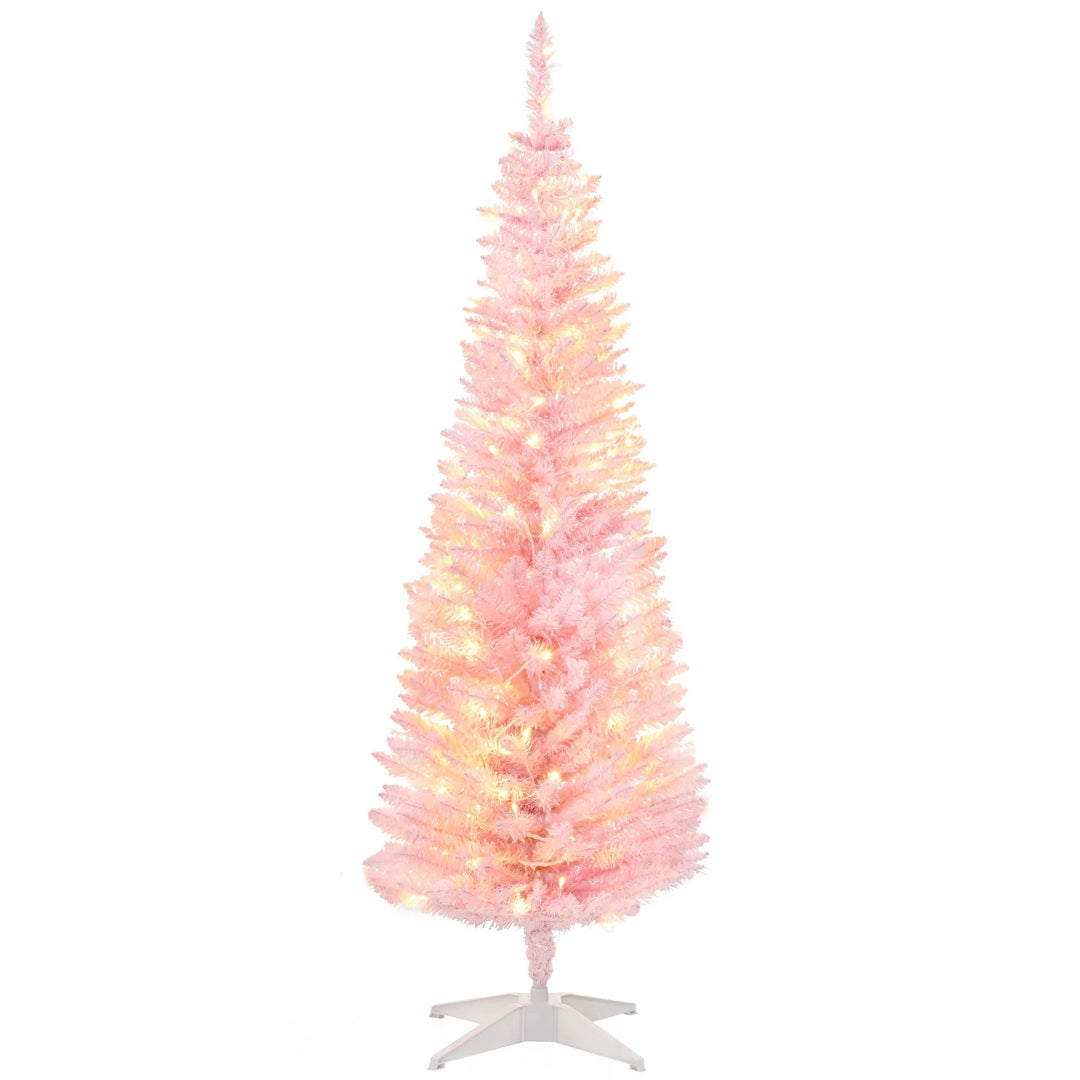 Roze slanke kerstboom met warme lampjes