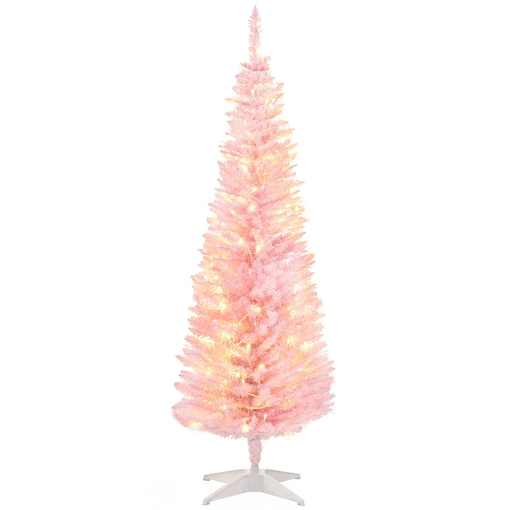 Roze slanke kerstboom met warme lampjes