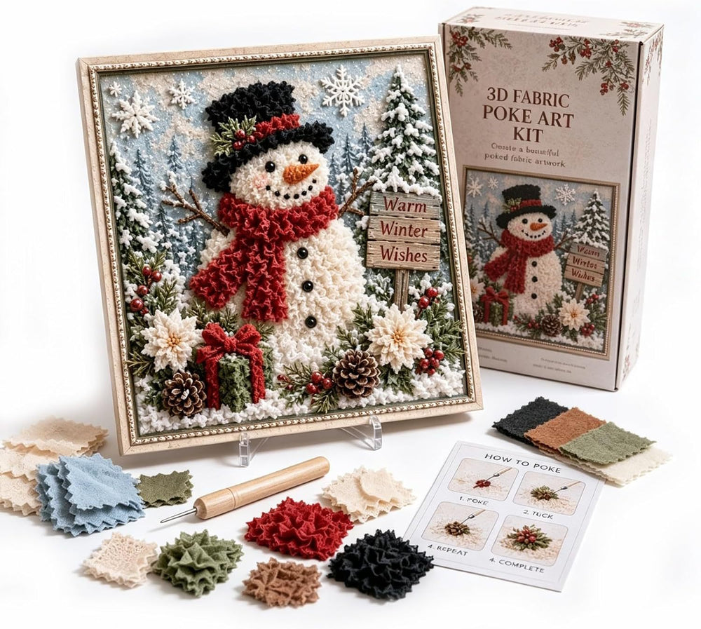 3D stoffen kerstplaatje met sneeuwpop in lijst