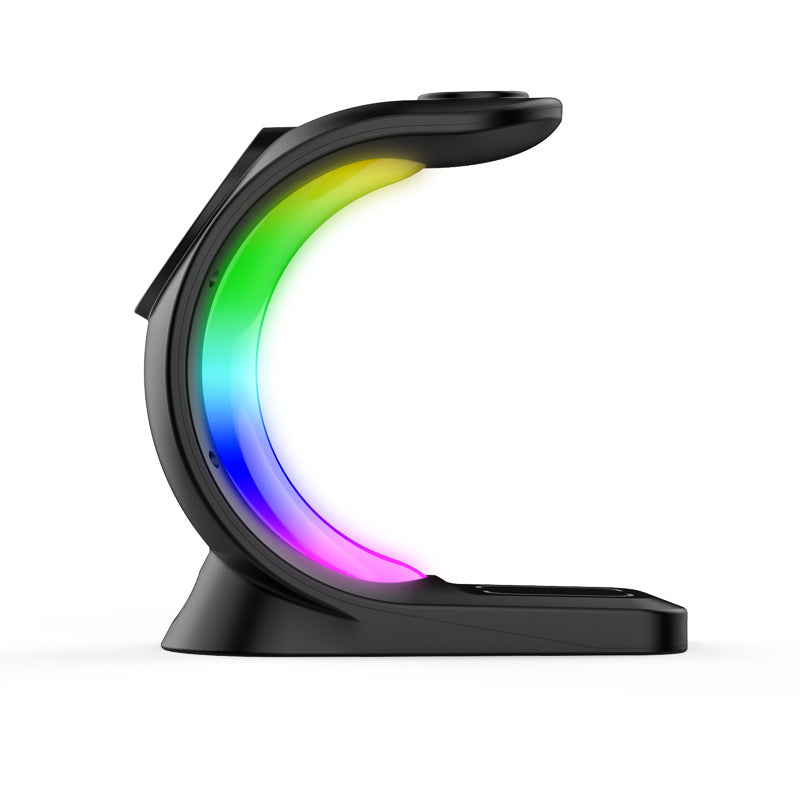Zwart oplaadstation met RGB-licht en telefoon