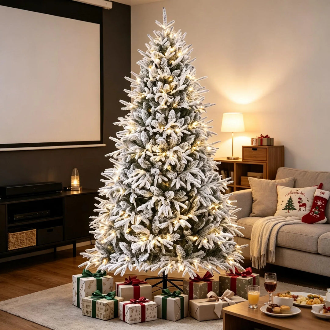 Extra volle besneeuwde kerstboom met lichtjes