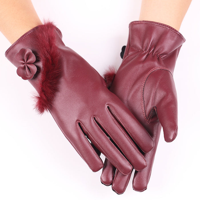 Warmtewereld Handschoenen van imitatieleer met pluizige rand en strik