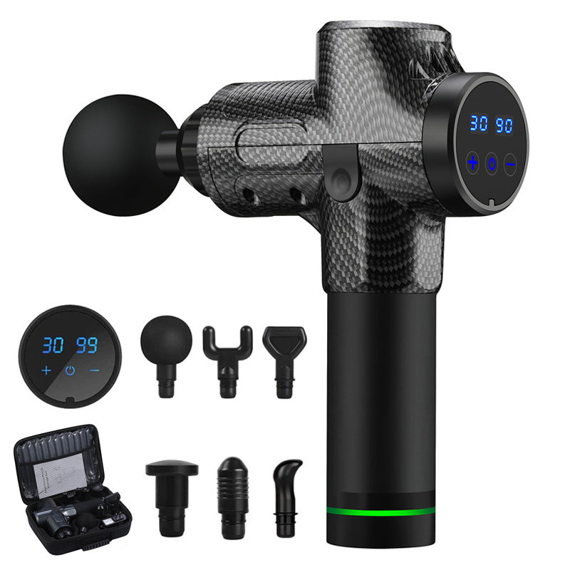 Zwarte massage gun met opzetstukken en koffer