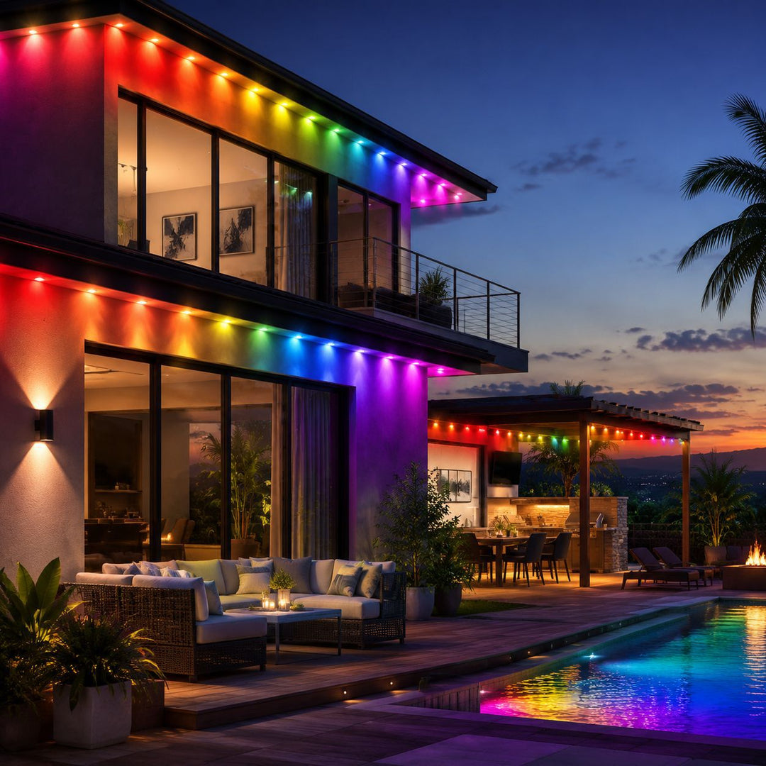 Huis met gekleurde gevelverlichting langs dakgoot
