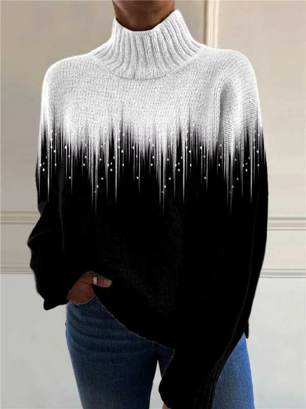 Vrouw in losse coltrui met print