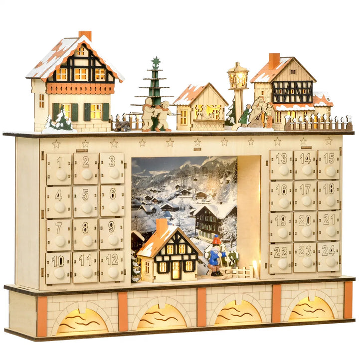 Houten verlichte adventskalender kerstdorp