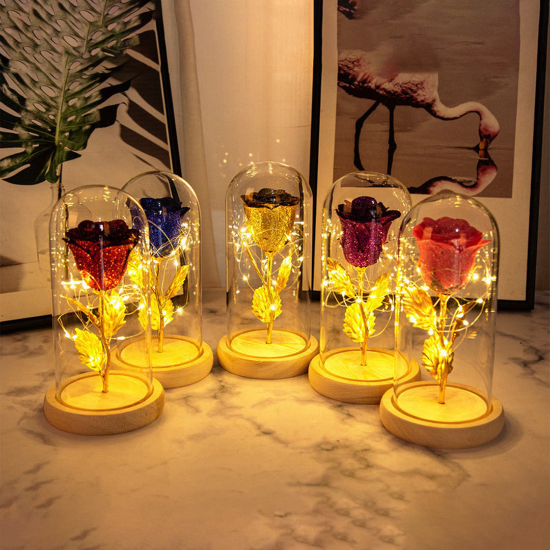 Rode eeuwige roos in glazen stolp met lichtjes