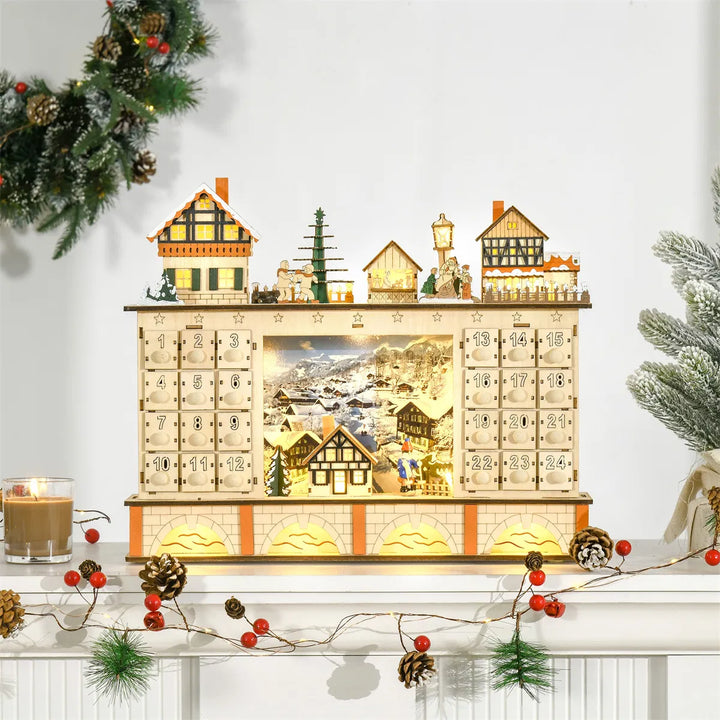 Houten verlichte adventskalender kerstdorp