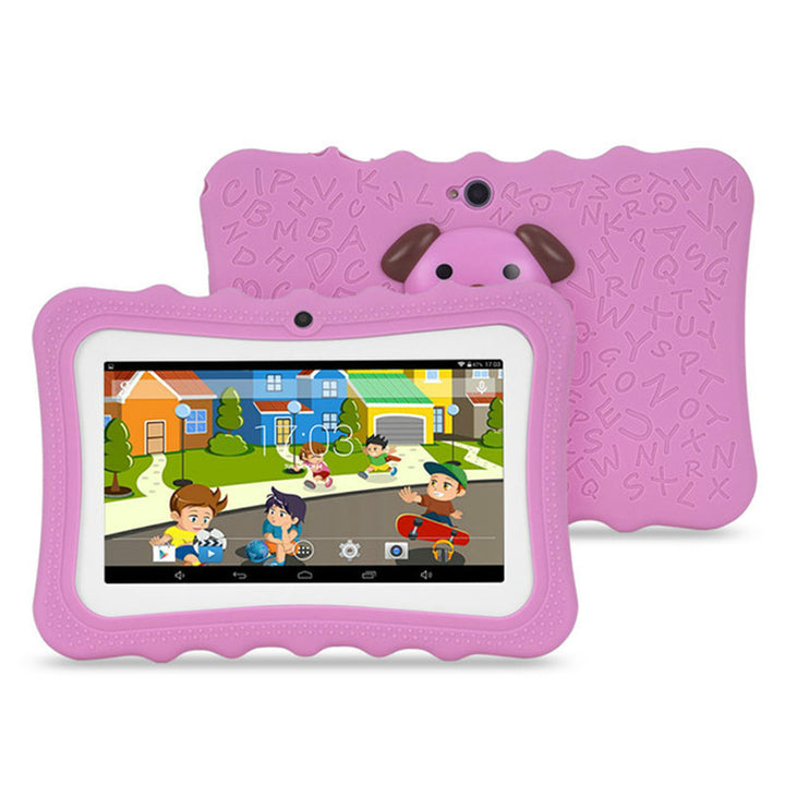 Roze kindertablet in siliconen hoes met standaard