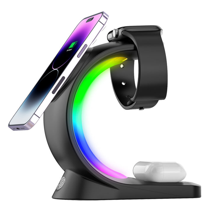 Zwart oplaadstation met RGB-licht en telefoon