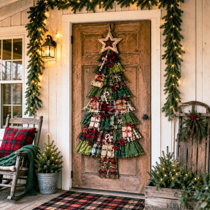 Kerstboom deurhanger met patchworkprint
