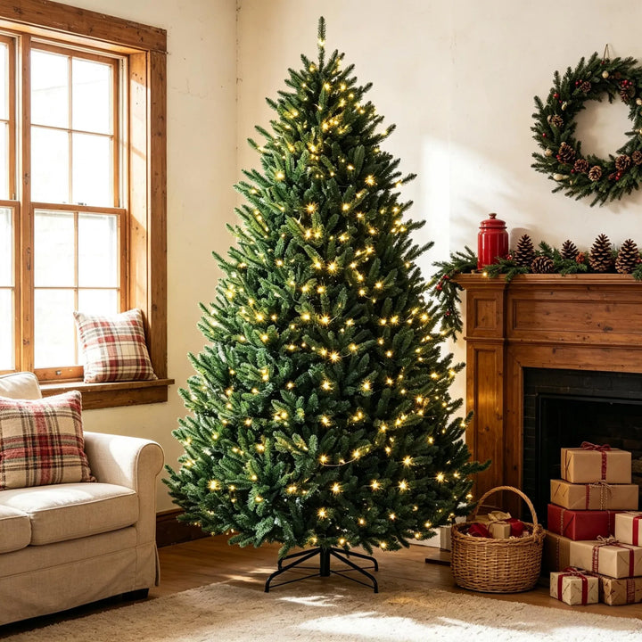 Volle kerstboom met gekleurde en warme lampjes