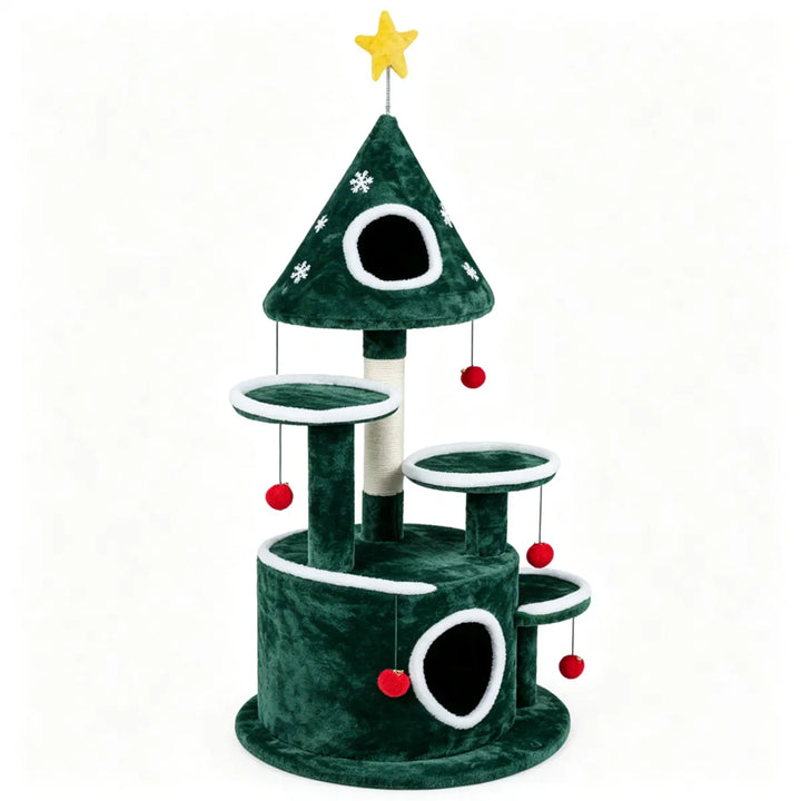 Kattenboom met kerstversiering en speeltjes