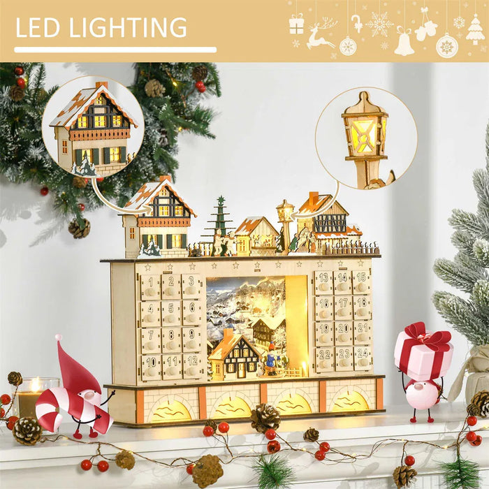 Warmtewereld Houten adventskalender kerstdorp met leds en 24 laatjes