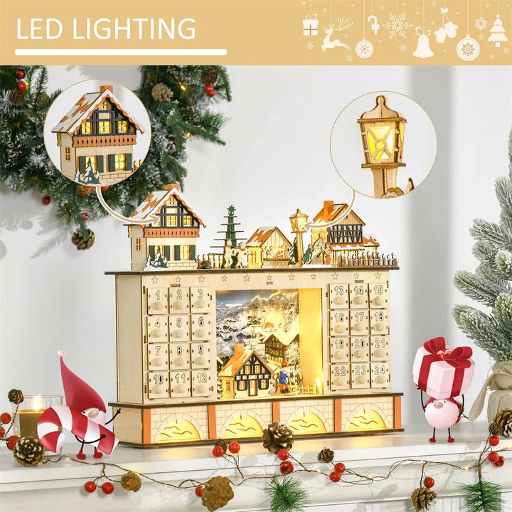Houten verlichte adventskalender kerstdorp