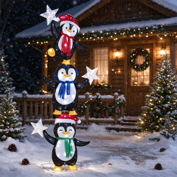Warmtewereld Verlichte pinguïntoren 183 cm met drie pinguïns