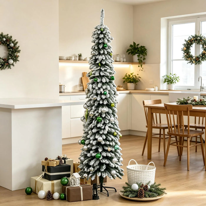 Warmtewereld Besneeuwde smalle kerstboom 213 cm zonder lampjes