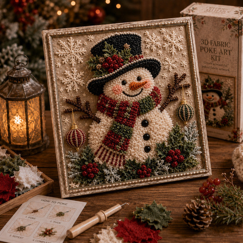 3D stoffen kerstplaatje met sneeuwpop in lijst