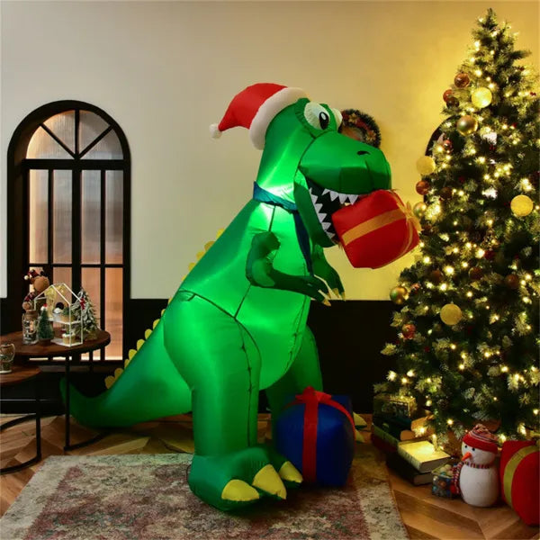Opblaasbare T-rex met kerstmuts en cadeaus
