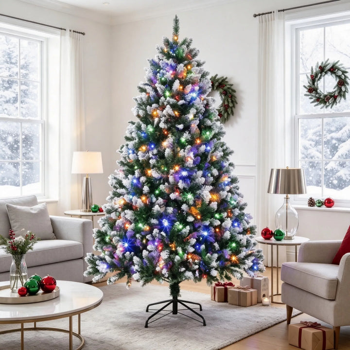 Grote kerstboom met witte puntjes en lichtjes