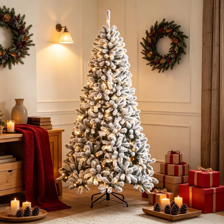 Grote besneeuwde Northern pine met lichtjes