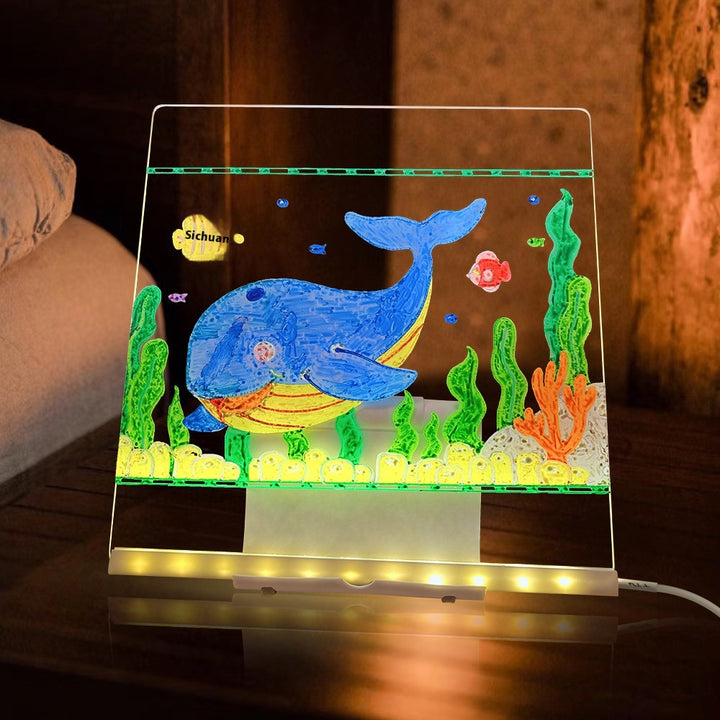 Verlicht acryl tekenbord met tekening op ledvoet
