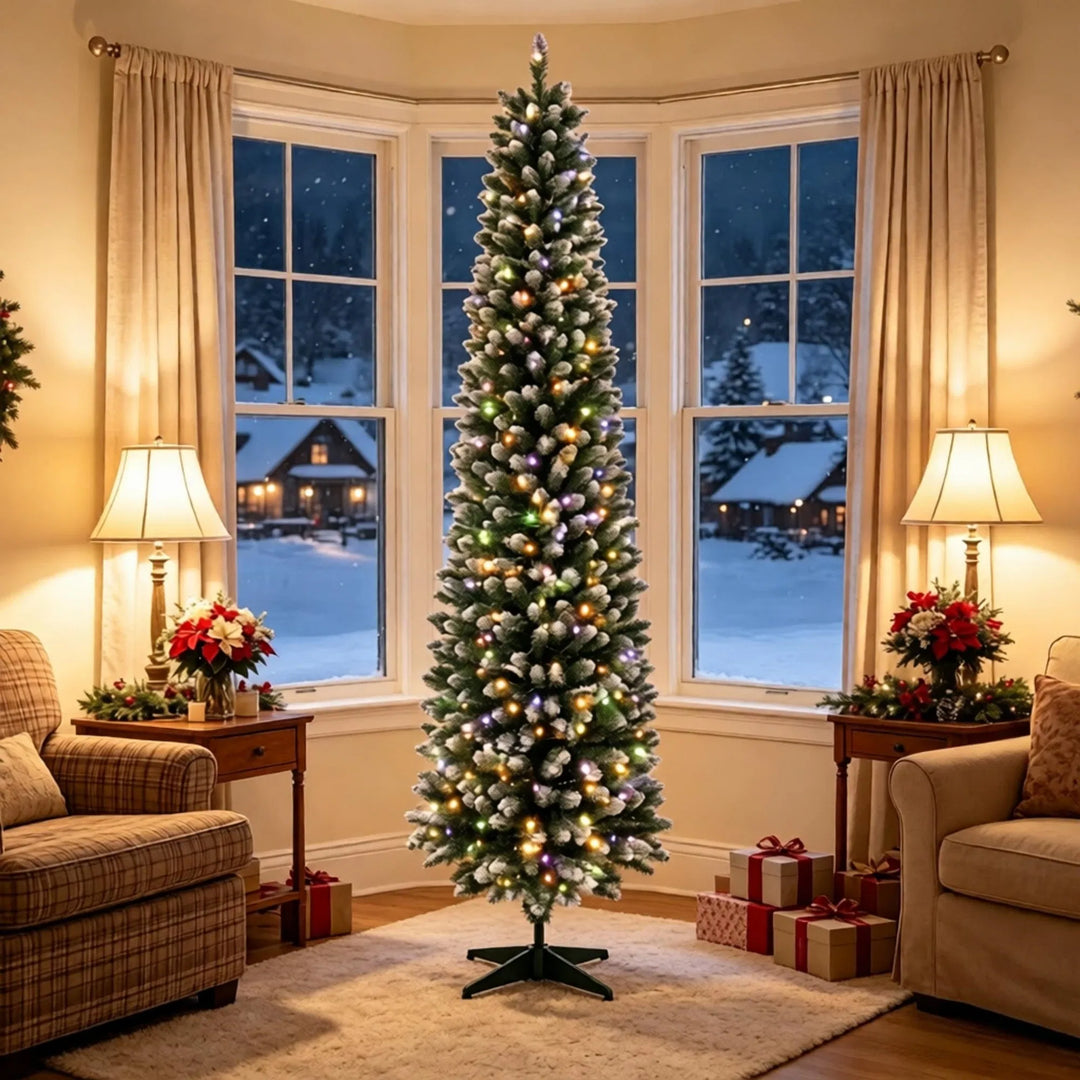 Hoge smalle kerstboom met witte puntjes