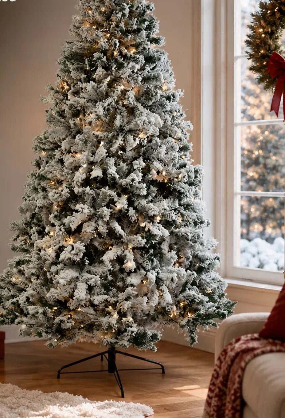 Besneeuwde kerstboom met witte lampjes