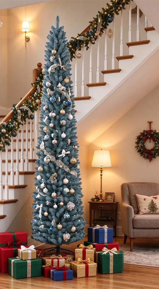Hoge smalle berijpte kerstboom