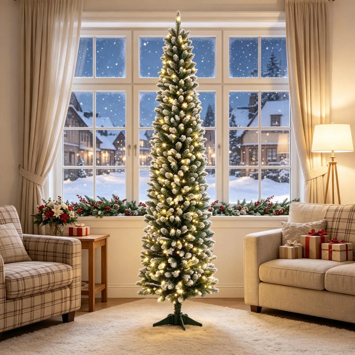 Warmtewereld Smalle kerstboom 213 cm met witte puntjes en 220 leds