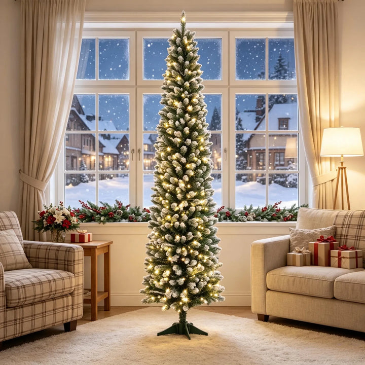 Smalle kerstboom met witte puntjes en lichtjes