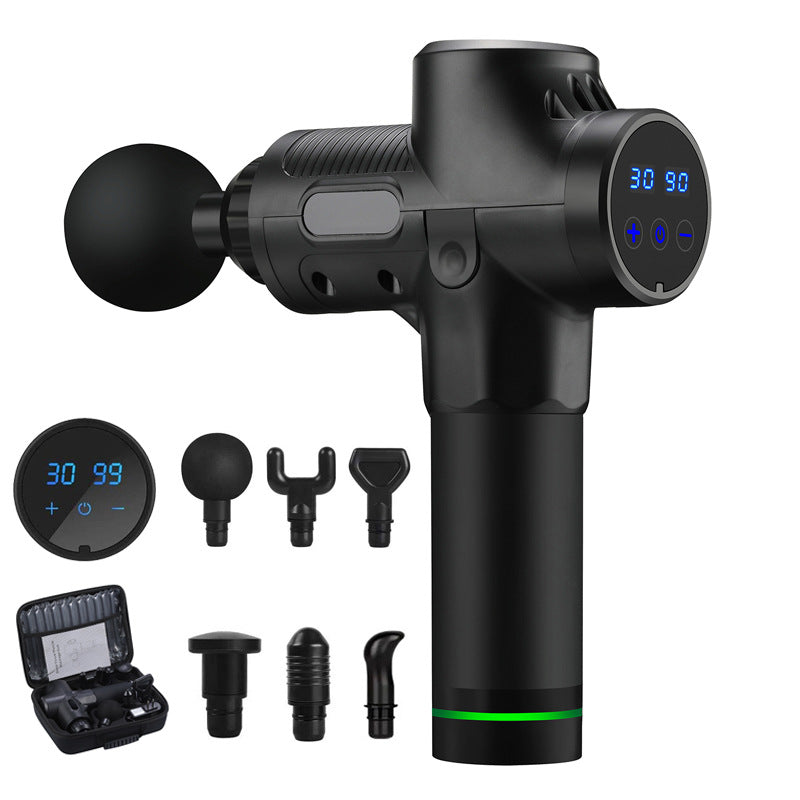 Zwarte massage gun met opzetstukken en koffer
