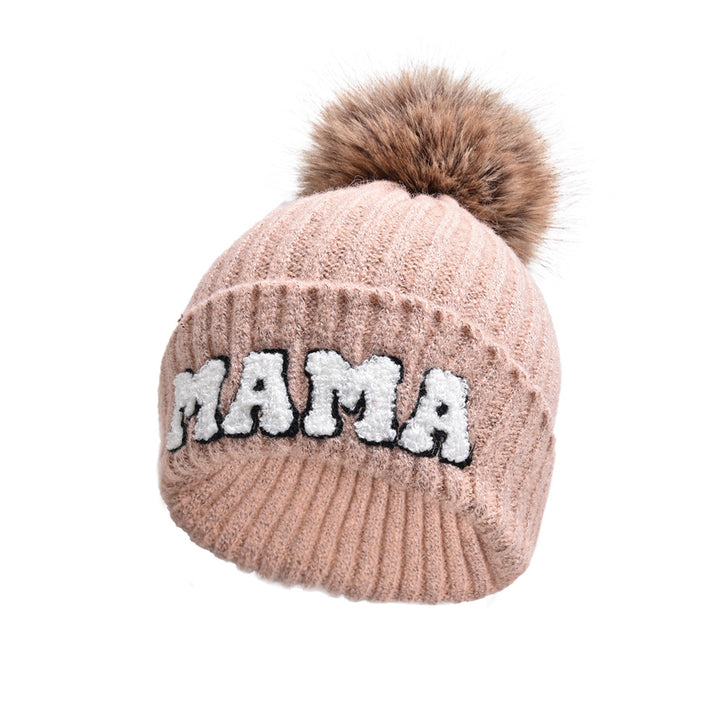 Geribde muts met MAMA-letters en pompon