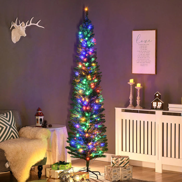 Warmtewereld Groene smalle kerstboom 213 cm met gekleurde leds